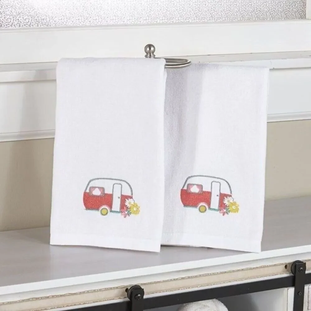 Vintage Camper Embroidered Hand Towels Floral Spring Summer 2-pc Cotton NEW